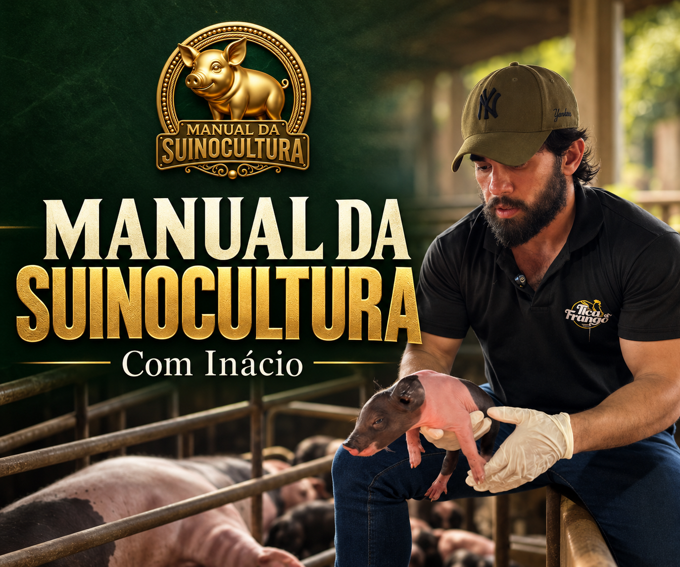 Capa do Manual da Suinocultura com Inácio segurando um leitão